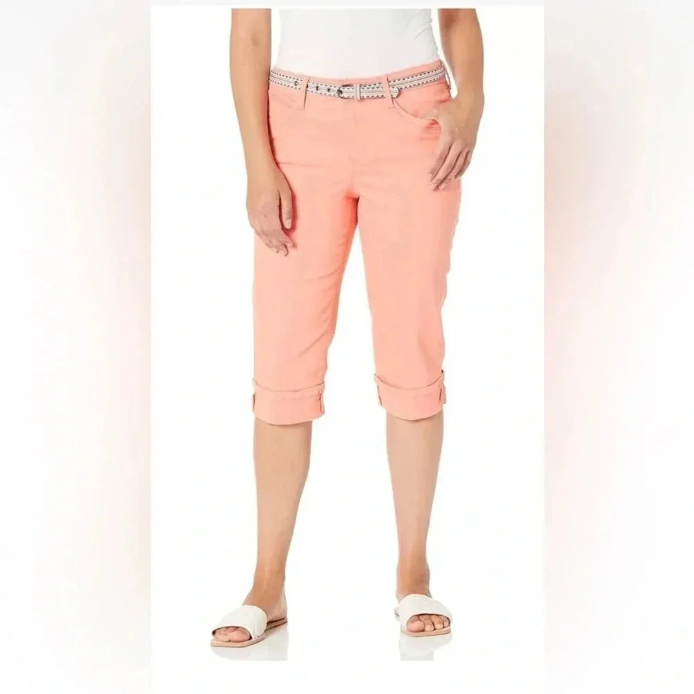 Gloria Vanderbilt Cotton Belted Jeans Womens 18 Coral Dahlia Cuff Hem Stretch